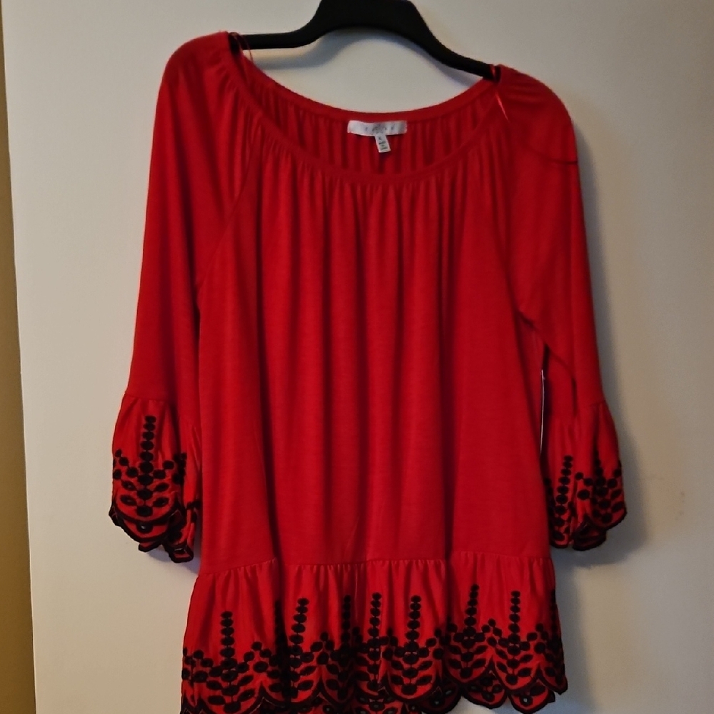 Fever Red Blouse with Black Embroidery